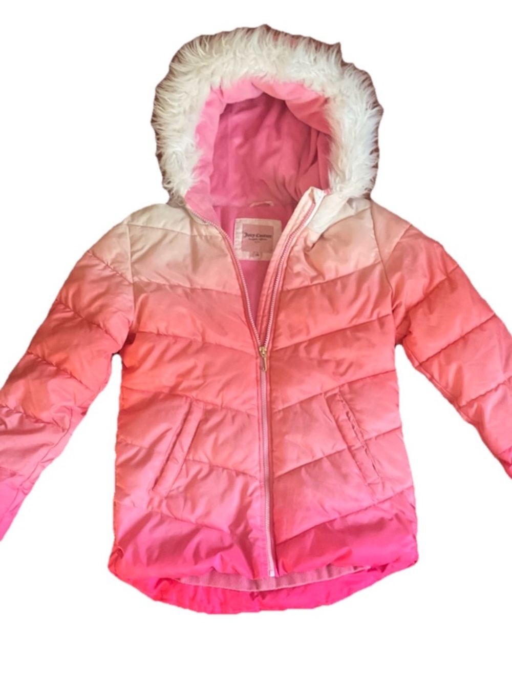 Juicy Couture Kids Pink Ombre Puffer Jacket with Faux Fur Hood - Picture 2 of 8